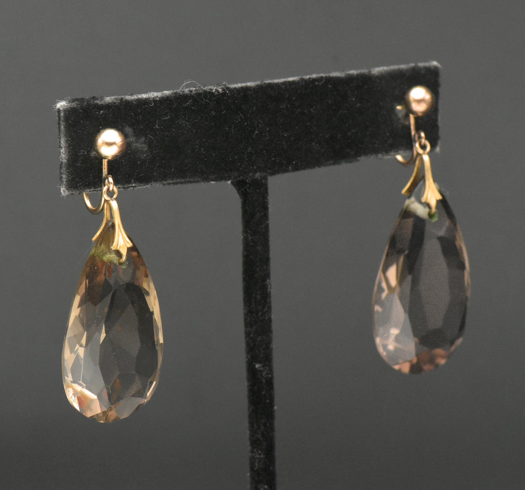 Vintage 14k Large Pear Cut Smoky Quartz Screw Back Dangle Earrings
