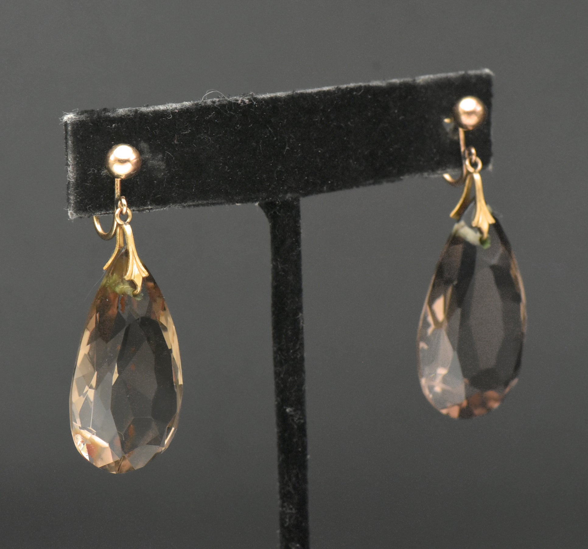 Vintage 14k Large Pear Cut Smoky Quartz Screw Back Dangle Earrings