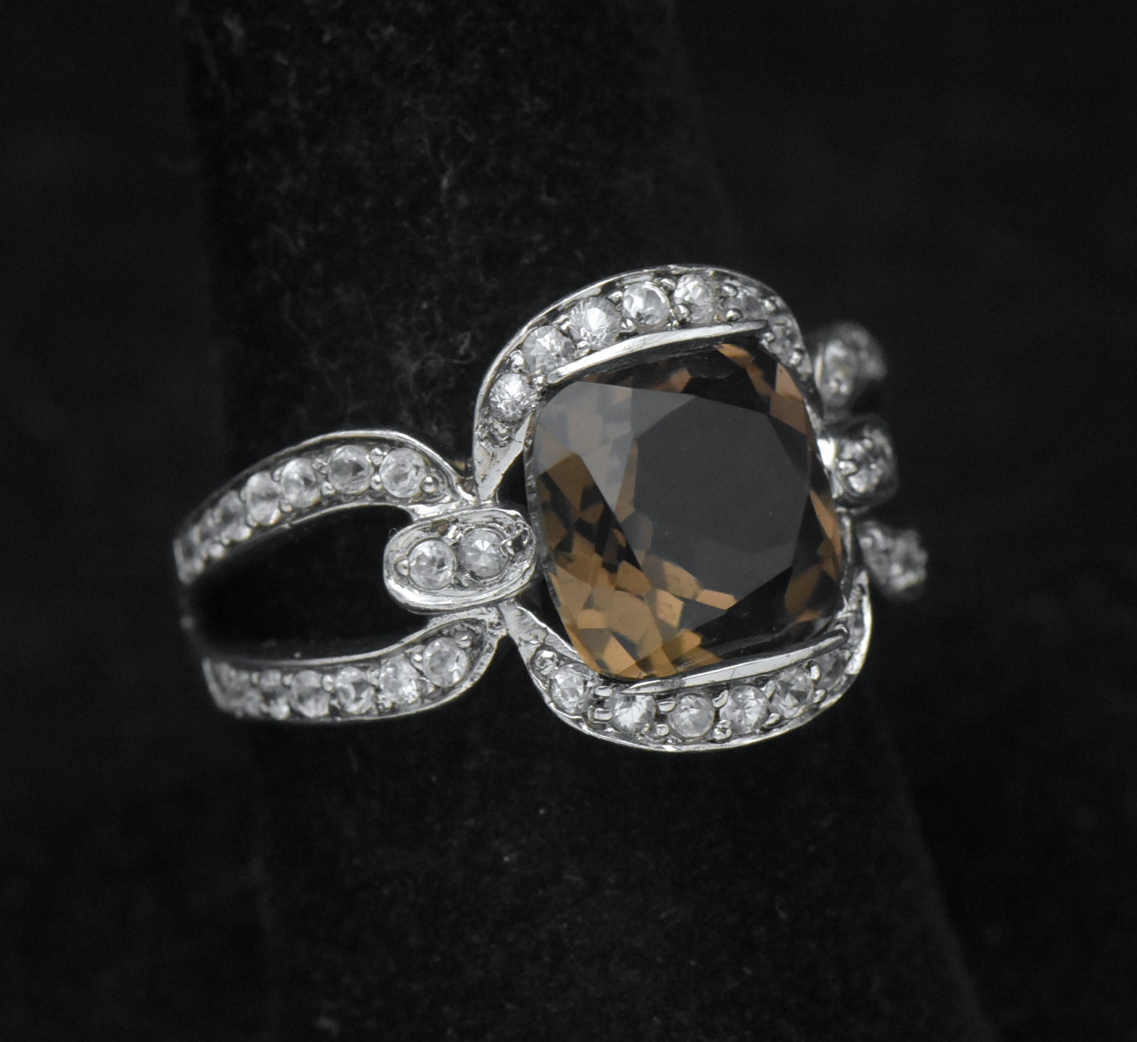Vintage Smoky Quartz with Zircon Sterling Silver Ring - Size 8.25