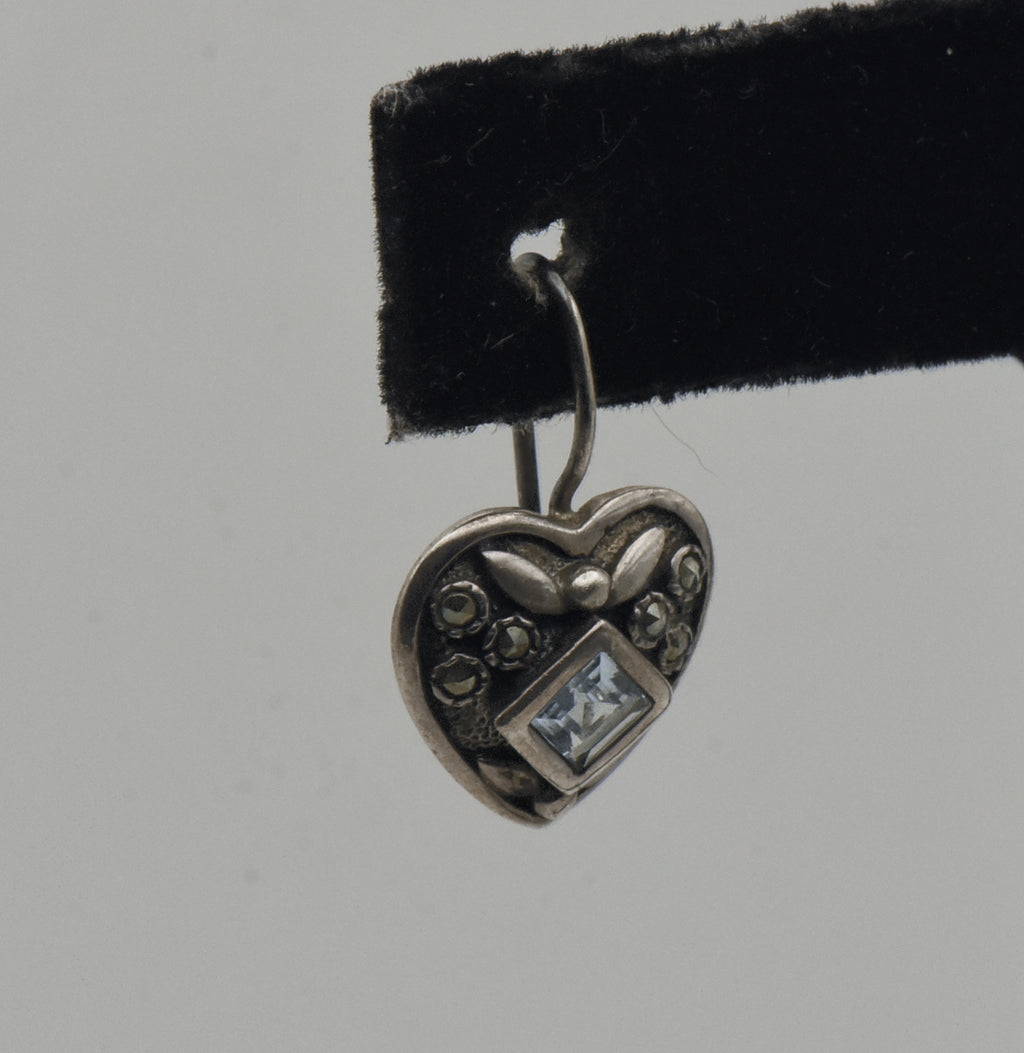 UNMATCHED Vintage Blue Topaz and Marcasite Sterling Silver Heart Earring
