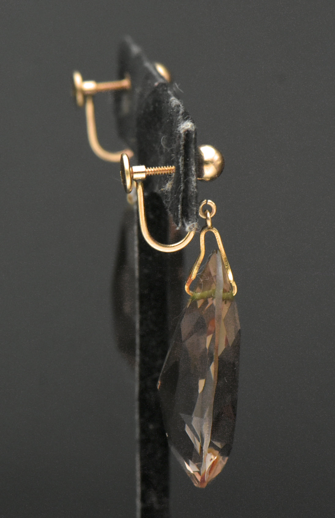 Vintage 14k Large Pear Cut Smoky Quartz Screw Back Dangle Earrings