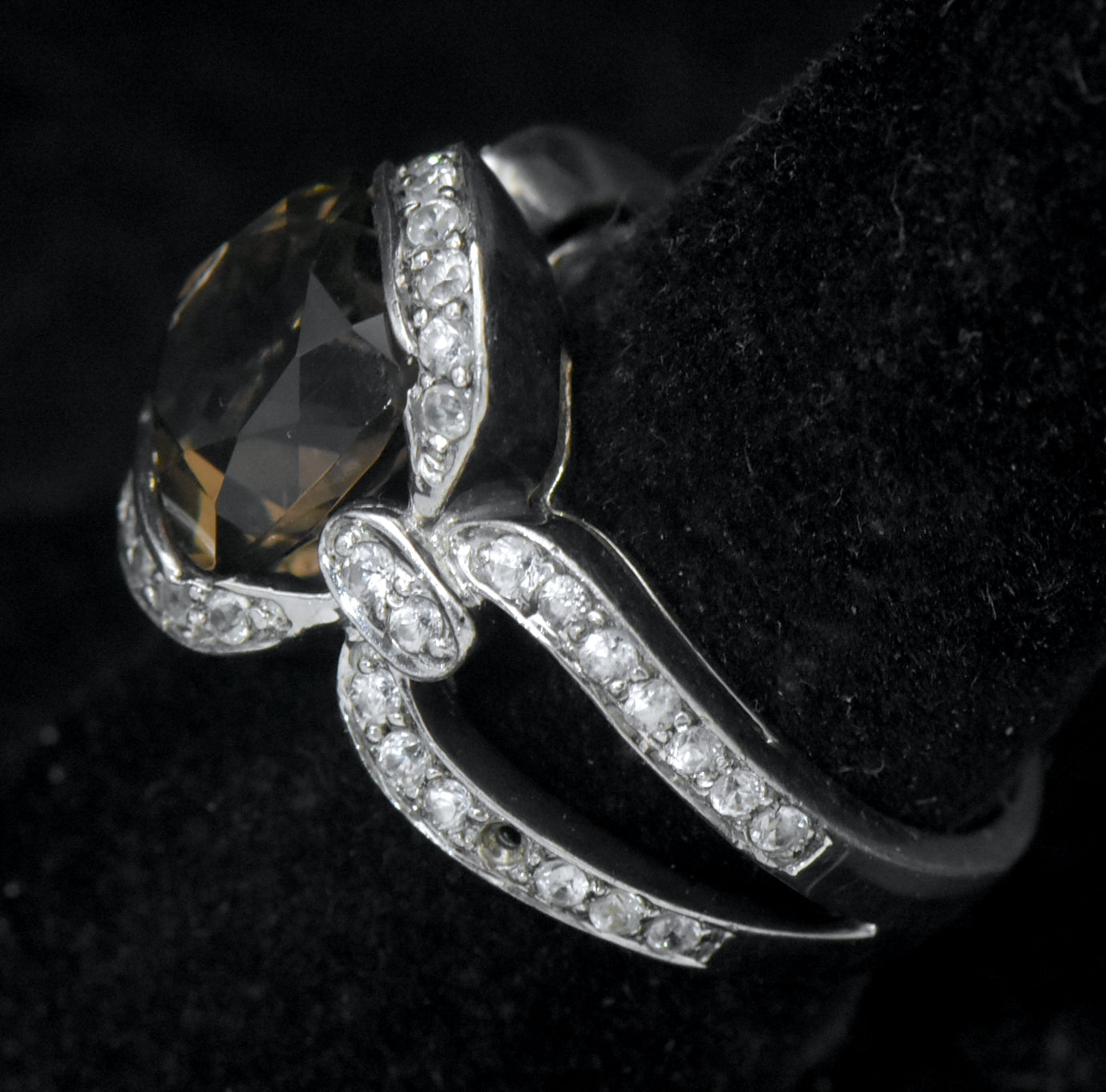 Vintage Smoky Quartz with Zircon Sterling Silver Ring - Size 8.25
