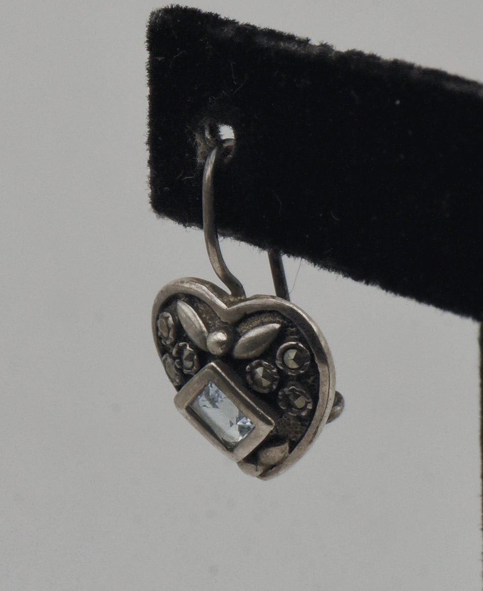 UNMATCHED Vintage Blue Topaz and Marcasite Sterling Silver Heart Earring