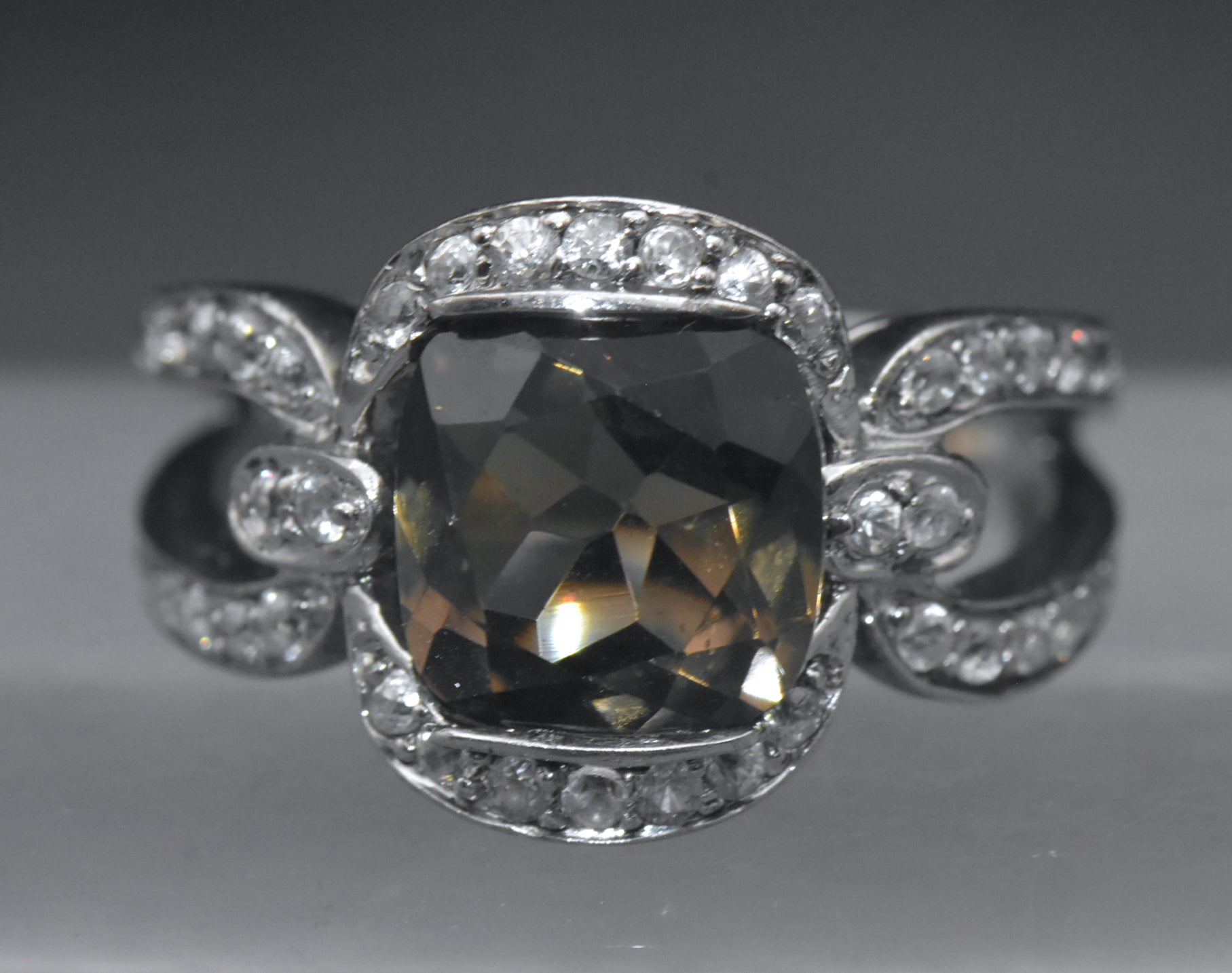 Vintage Smoky Quartz with Zircon Sterling Silver Ring - Size 8.25