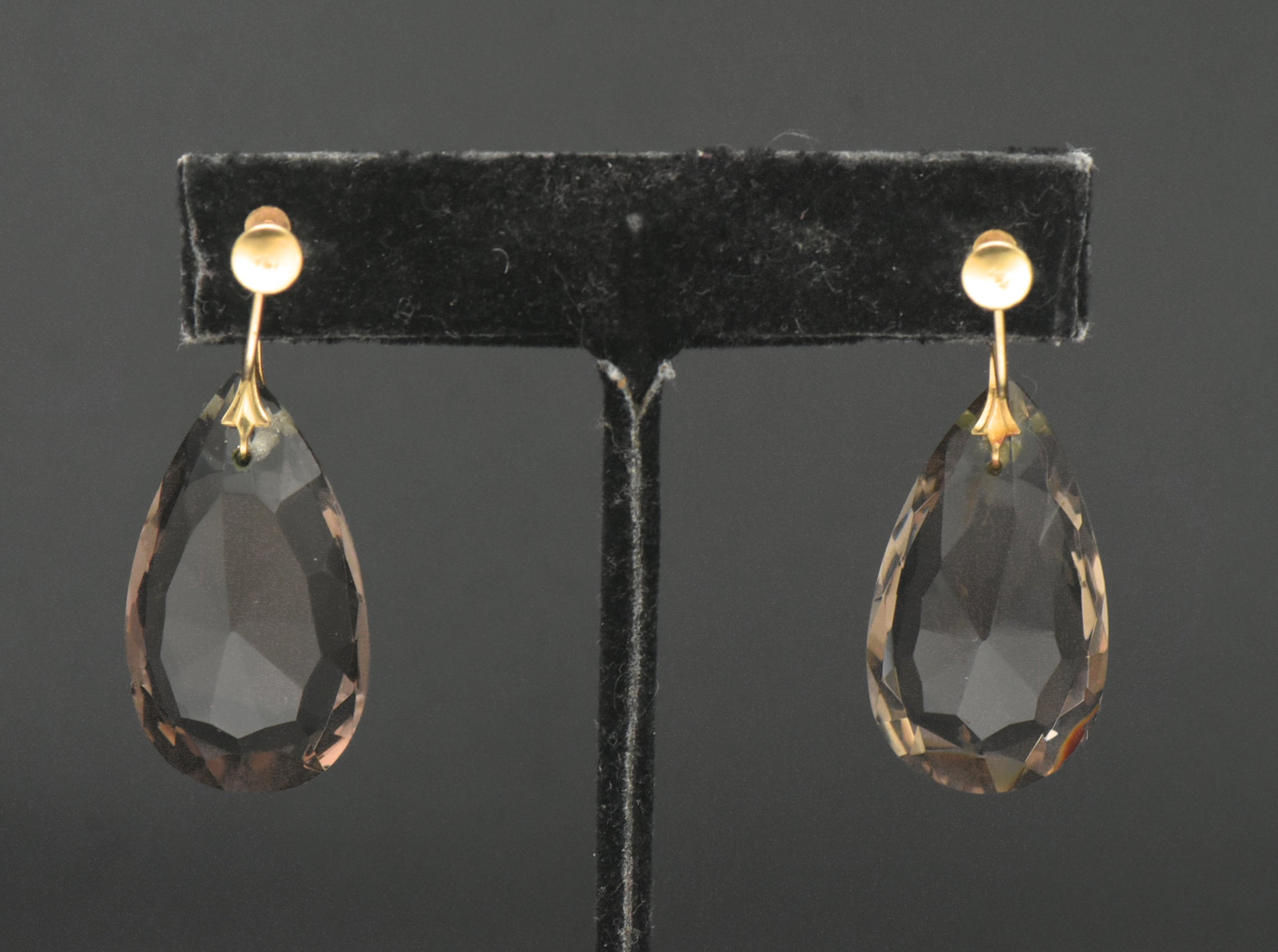 Vintage 14k Large Pear Cut Smoky Quartz Screw Back Dangle Earrings