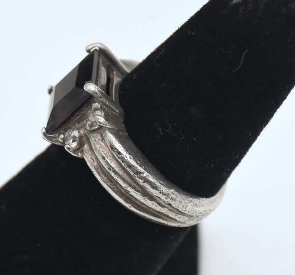 Vintage Sterling Silver Smoky Quartz and Rhinestone Ring - Size 5