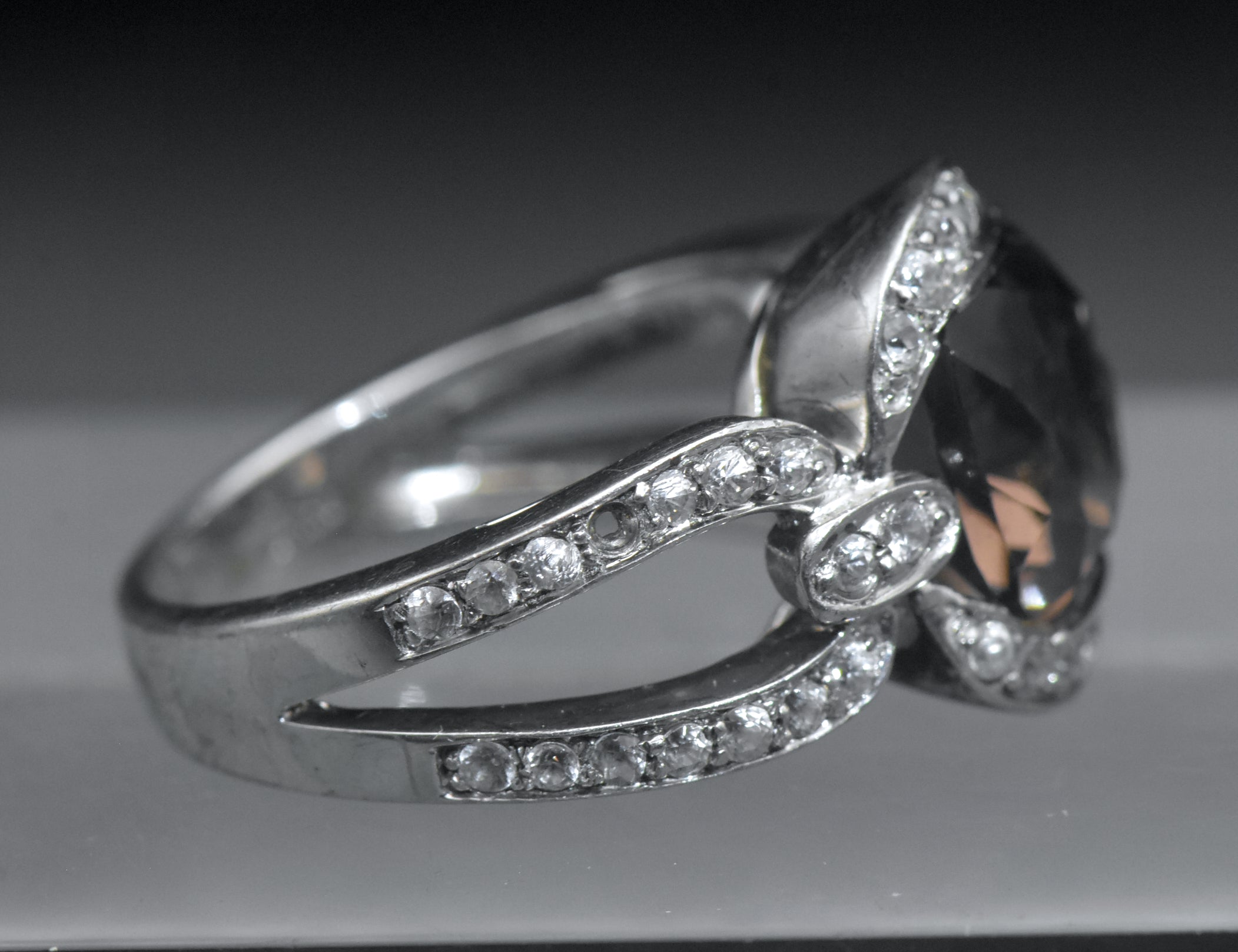 Vintage Smoky Quartz with Zircon Sterling Silver Ring - Size 8.25