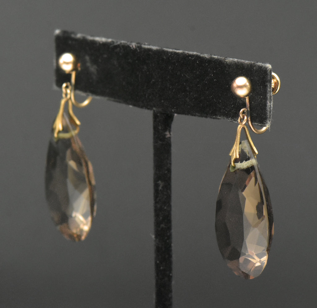 Vintage 14k Large Pear Cut Smoky Quartz Screw Back Dangle Earrings