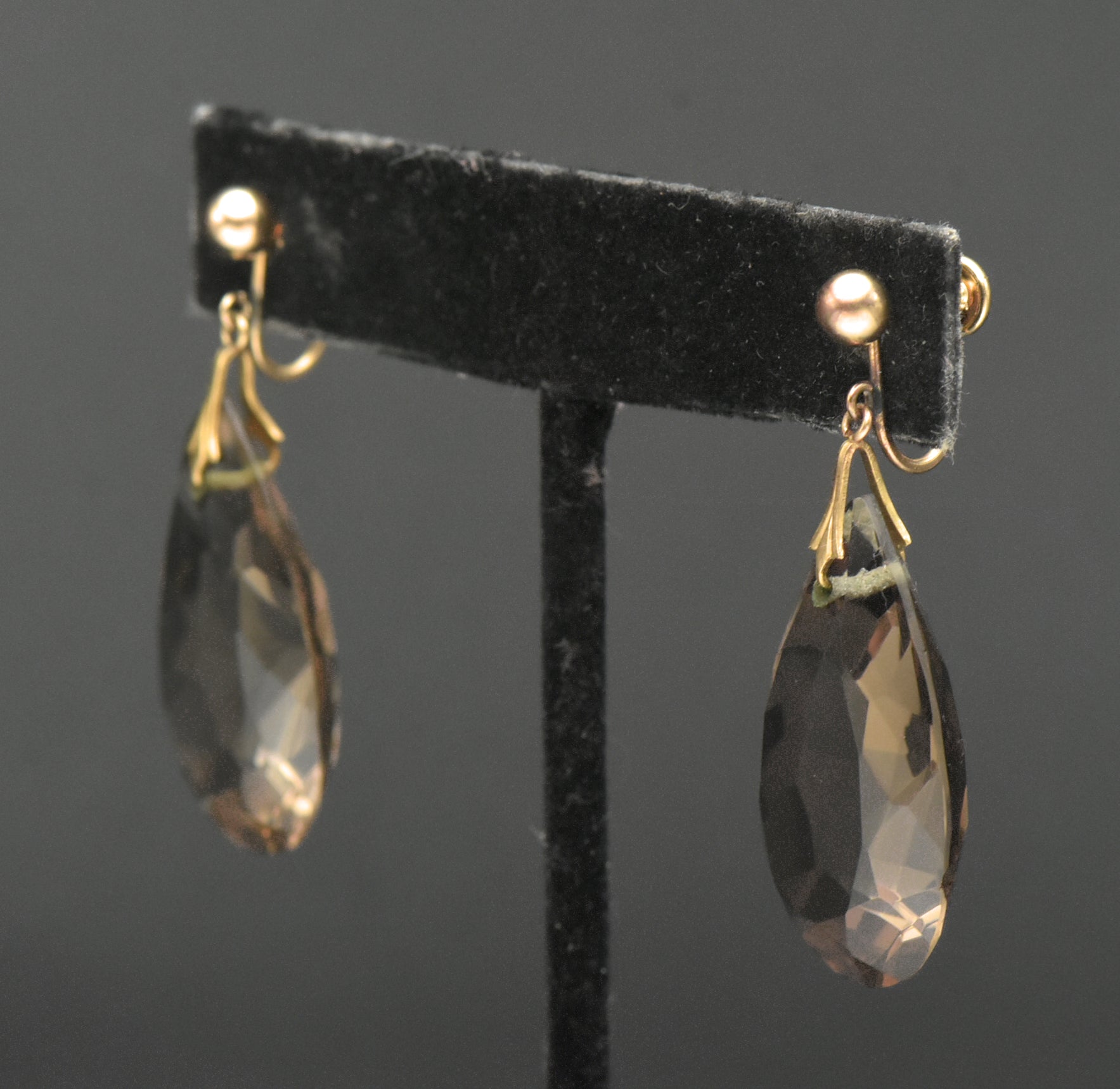 Vintage 14k Large Pear Cut Smoky Quartz Screw Back Dangle Earrings