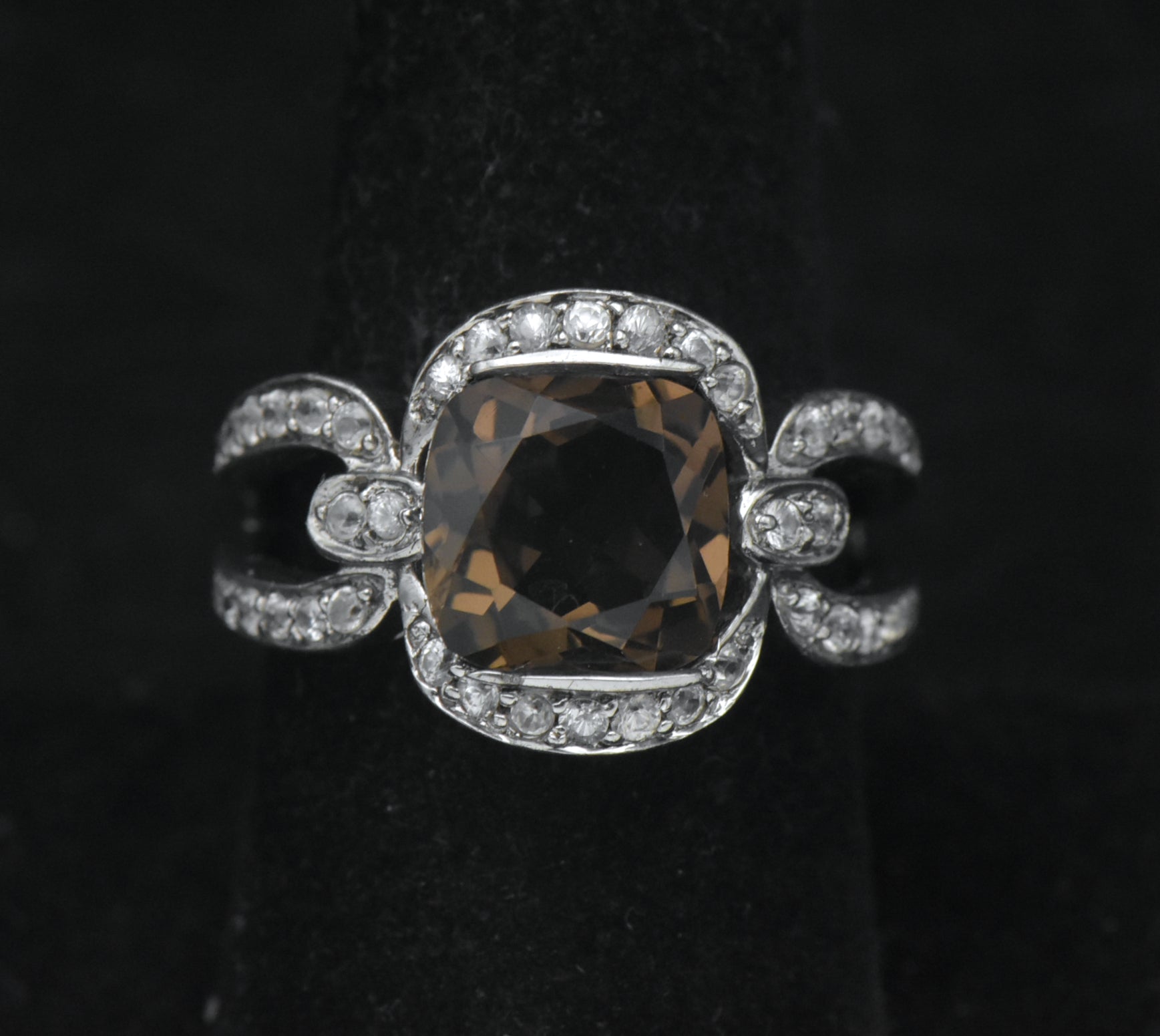Vintage Smoky Quartz with Zircon Sterling Silver Ring - Size 8.25