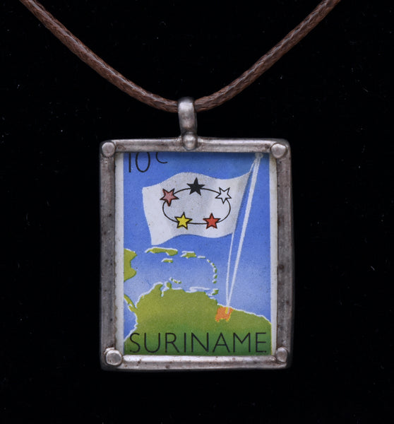 Vintage 1960 Suriname Stamp Sterling Silver Pendant Necklace