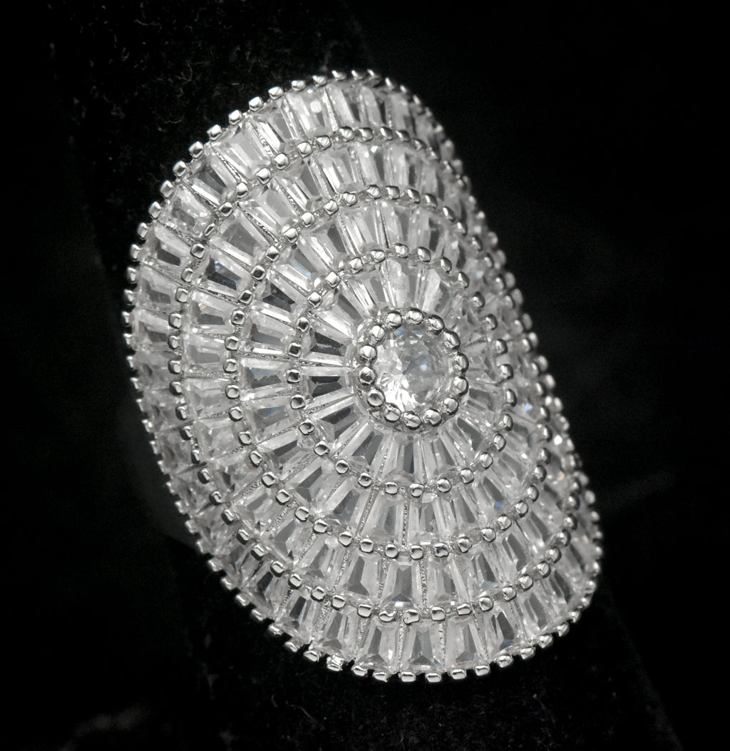 Vintage Cut Crystal Silver Tone Metal Shield Ring - Size 6.75