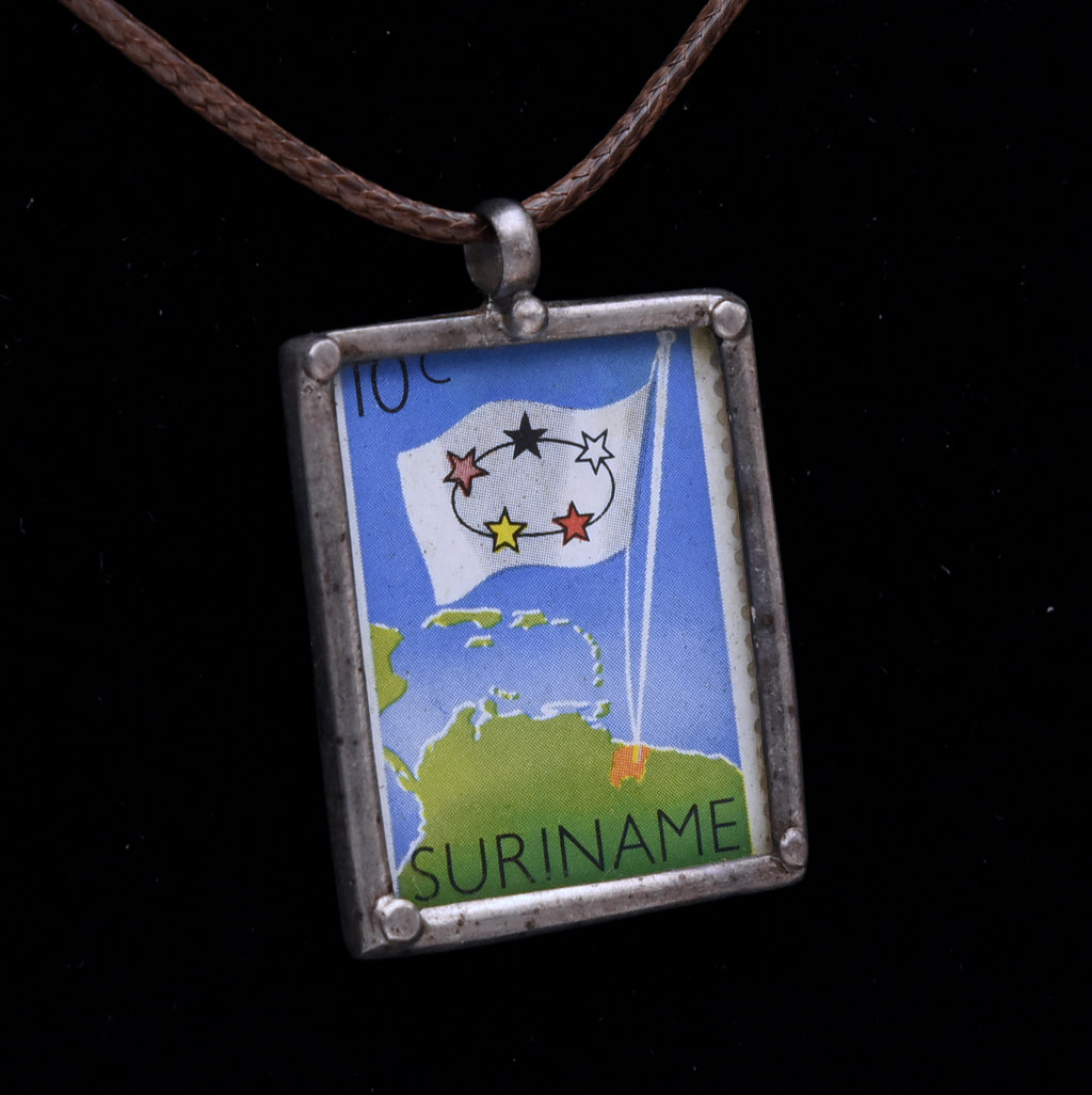 Vintage 1960 Suriname Stamp Sterling Silver Pendant Necklace