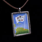 Vintage 1960 Suriname Stamp Sterling Silver Pendant Necklace