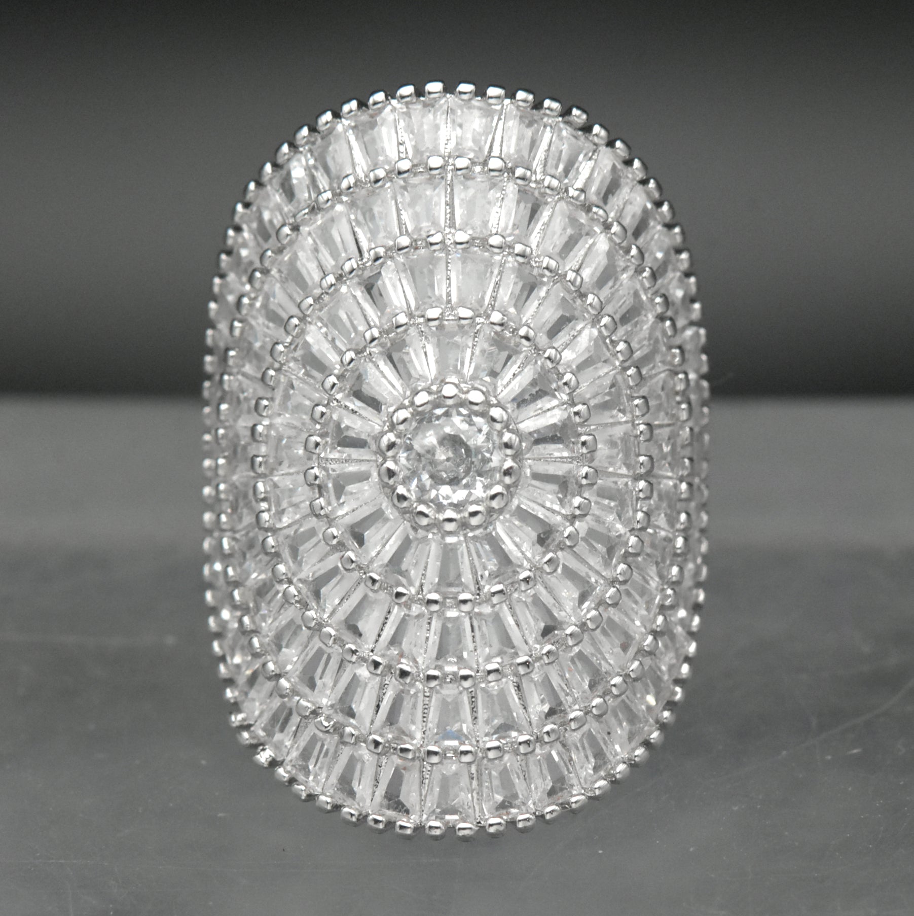 Vintage Cut Crystal Silver Tone Metal Shield Ring - Size 6.75
