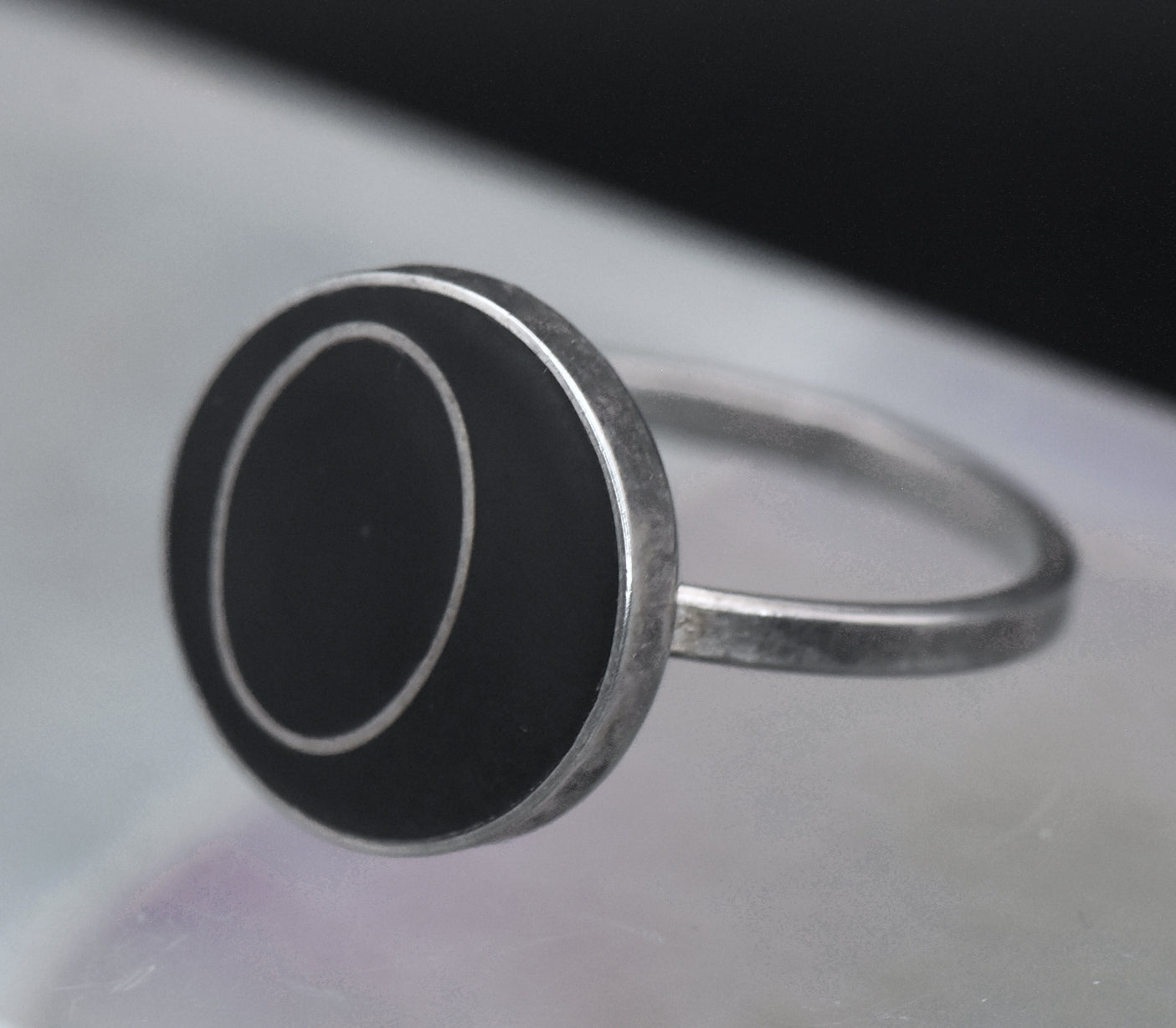 Vintage Handmade Sterling Silver Black Enamel Ring - Size 6