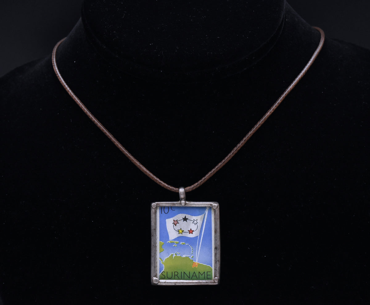 Vintage 1960 Suriname Stamp Sterling Silver Pendant Necklace