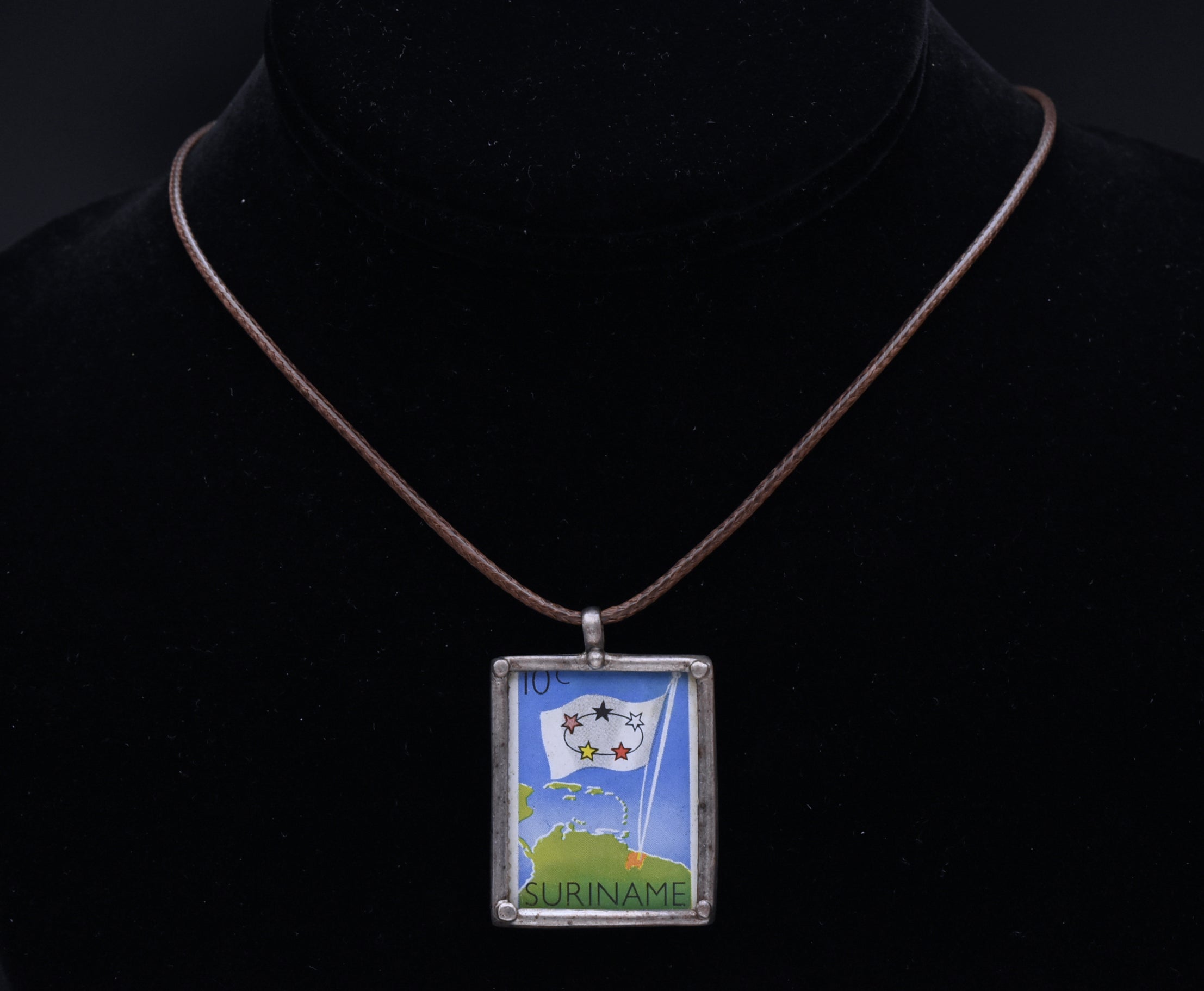 Vintage 1960 Suriname Stamp Sterling Silver Pendant Necklace