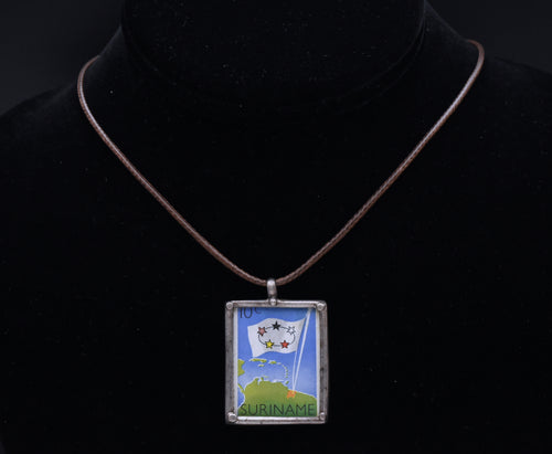 Vintage 1960 Suriname Stamp Sterling Silver Pendant Necklace
