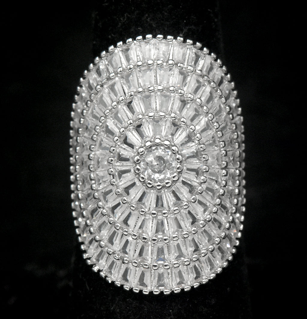 Vintage Cut Crystal Silver Tone Metal Shield Ring - Size 6.75