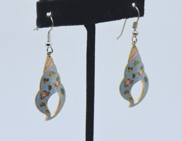 Vintage Gold Tone and Enamel Spiral Seashell Floral Dangle Earrings