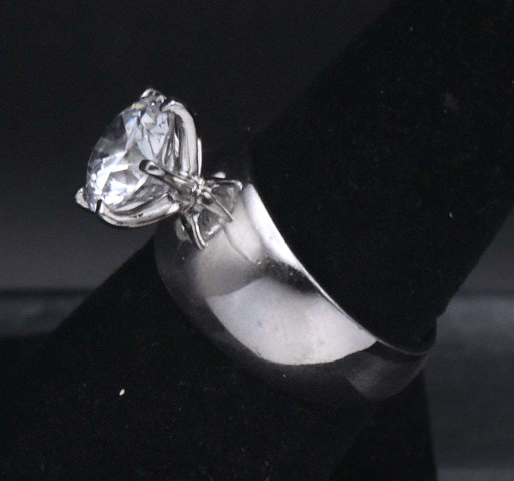 Sterling Silver Cubic Zirconia Solitaire Wide Band Ring - Size 7