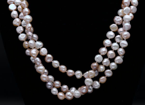 Single Strand Rope Necklace of Semi-Baroque Variety Colors Cultured Pearls - 63"