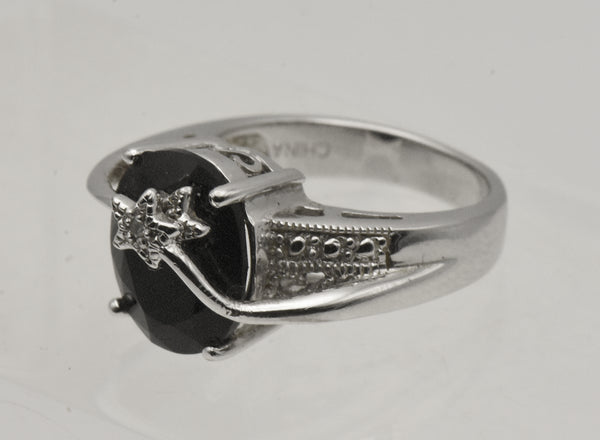 Vintage Black Onyx and Diamond Sterling Silver Ring - Size 6