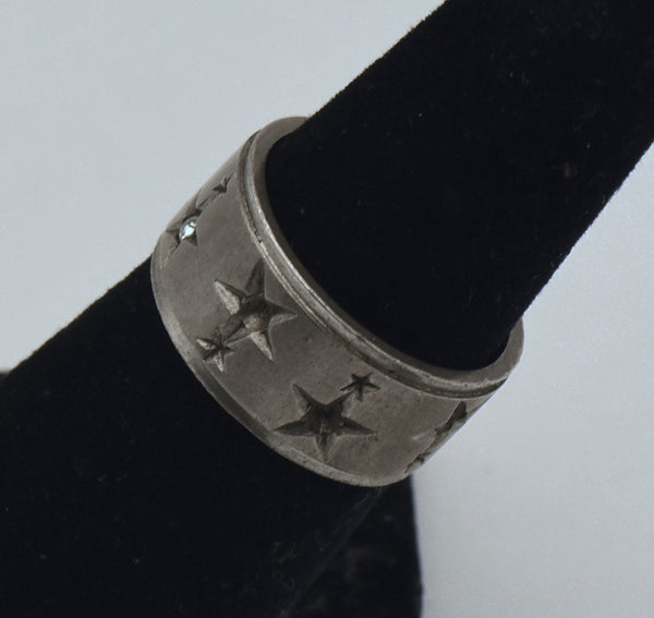 Vintage Sterling Silver Star Motif Wide Band Ring - Size 5.5