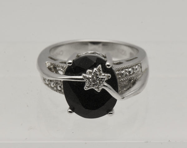 Vintage Black Onyx and Diamond Sterling Silver Ring - Size 6