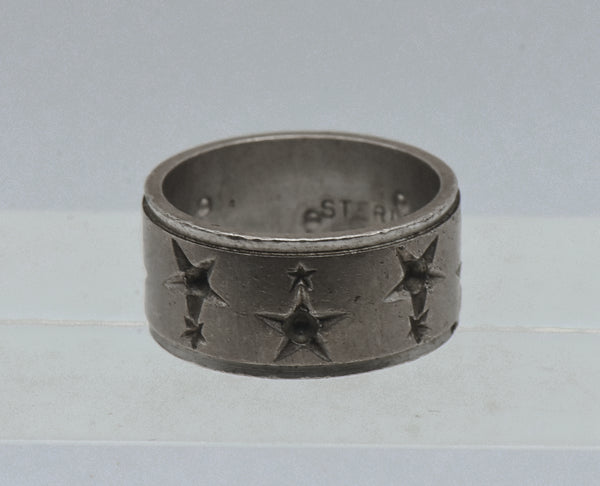 Vintage Sterling Silver Star Motif Wide Band Ring - Size 5.5