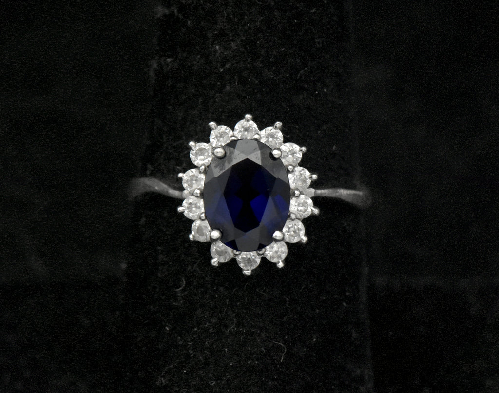 Stauer - Vintage Sapphire and CZ Sterling Silver Halo Ring - Size 6.75