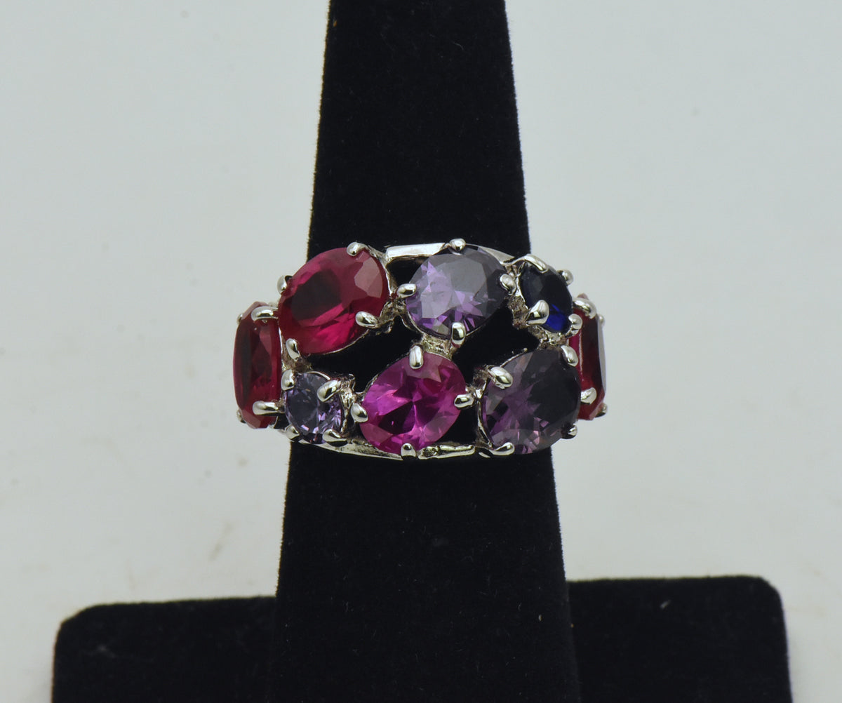 Vintage Sterling Silver Synthetic Ruby and Sapphires, CZ Ring - Size 6.25