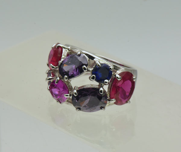 Vintage Sterling Silver Synthetic Ruby and Sapphires, CZ Ring - Size 6.25