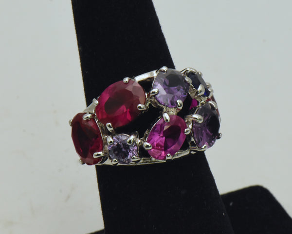 Vintage Sterling Silver Synthetic Ruby and Sapphires, CZ Ring - Size 6.25
