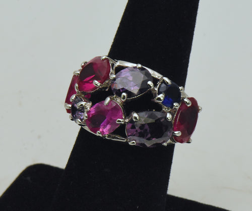 Vintage Sterling Silver Synthetic Ruby and Sapphires, CZ Ring - Size 6.25