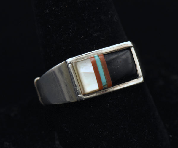 Vintage Handmade Sterling Silver Inlaid Ring with Adjuster