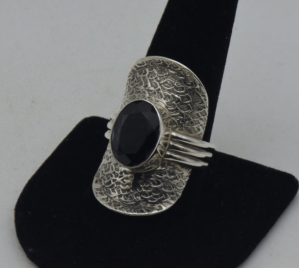Vintage Black Tourmaline and Sterling Silver Shield Ring - Size 10