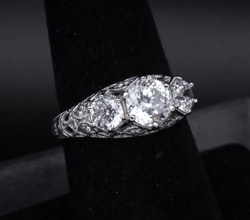 Tacori - Sterling Silver Three-Stone CZ Filigree Ring - Size 7