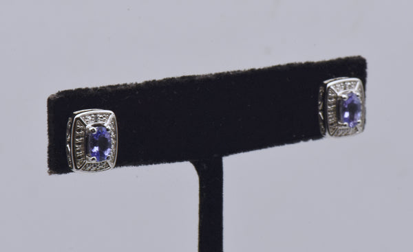 Vintage Tanzanite and Diamond Sterling Silver Stud Earrings - NOS