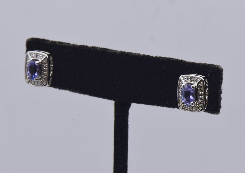 Vintage Tanzanite and Diamond Sterling Silver Stud Earrings - NOS