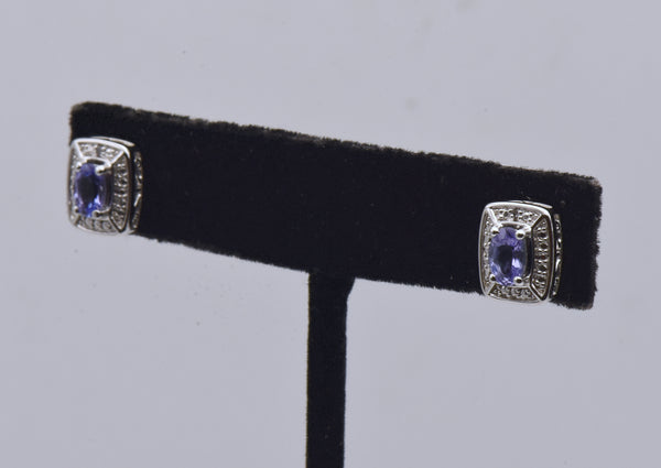 Vintage Tanzanite and Diamond Sterling Silver Stud Earrings - NOS