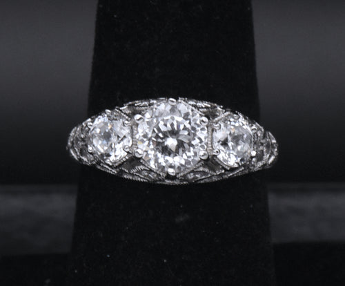 Tacori - Sterling Silver Three-Stone CZ Filigree Ring - Size 7