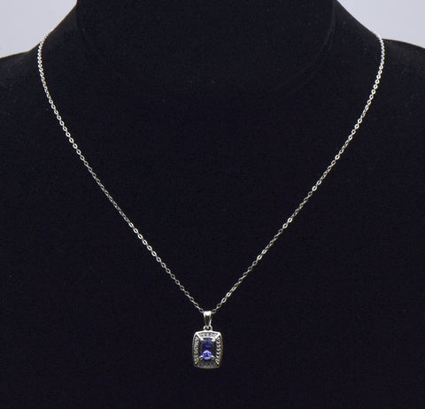 Vintage Tanzanite and Diamond Sterling Silver Pendant Necklace NOS - 17.5"