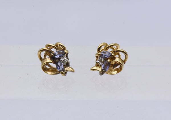 Vintage Tanzanite and Diamond Gold Plated Sterling Silver Stud Earrings