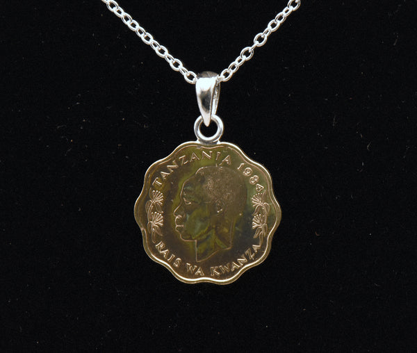 Vintage 10 Senti Tanzanian Coin Sterling Silver Pendant Chain Necklace - 18"