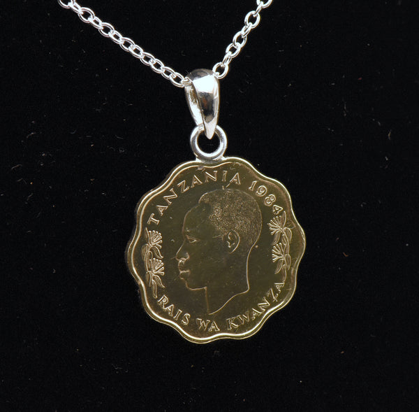 Vintage 10 Senti Tanzanian Coin Sterling Silver Pendant Chain Necklace - 18"