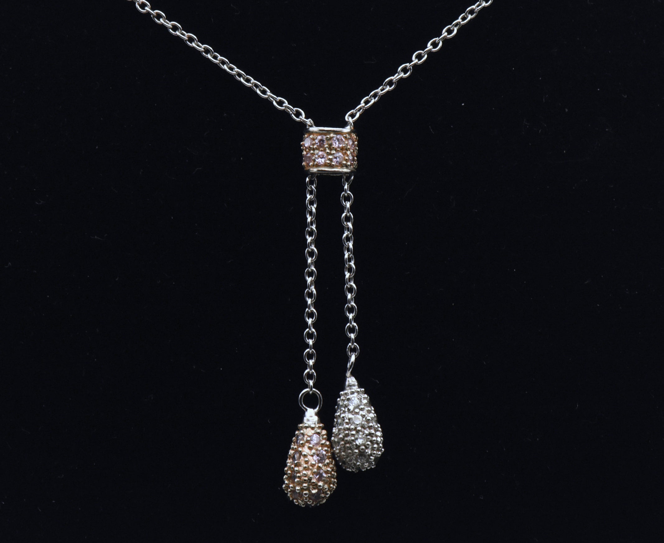 Vintage Sterling Silver Pink and Colorless Rhinestone Drop Pendant Necklace - 16.25"
