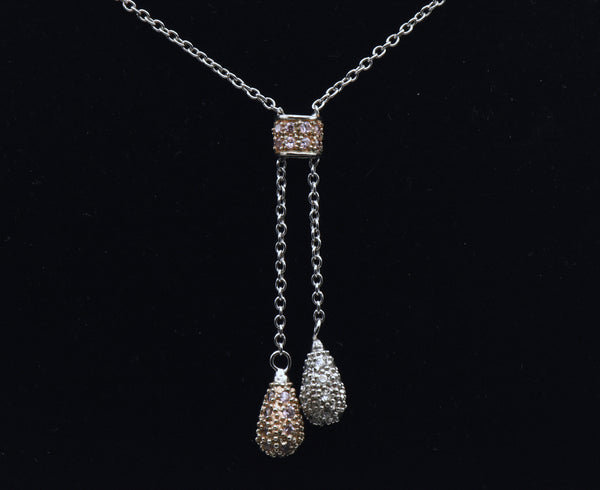 Vintage Sterling Silver Pink and Colorless Rhinestone Drop Pendant Necklace - 16.25"