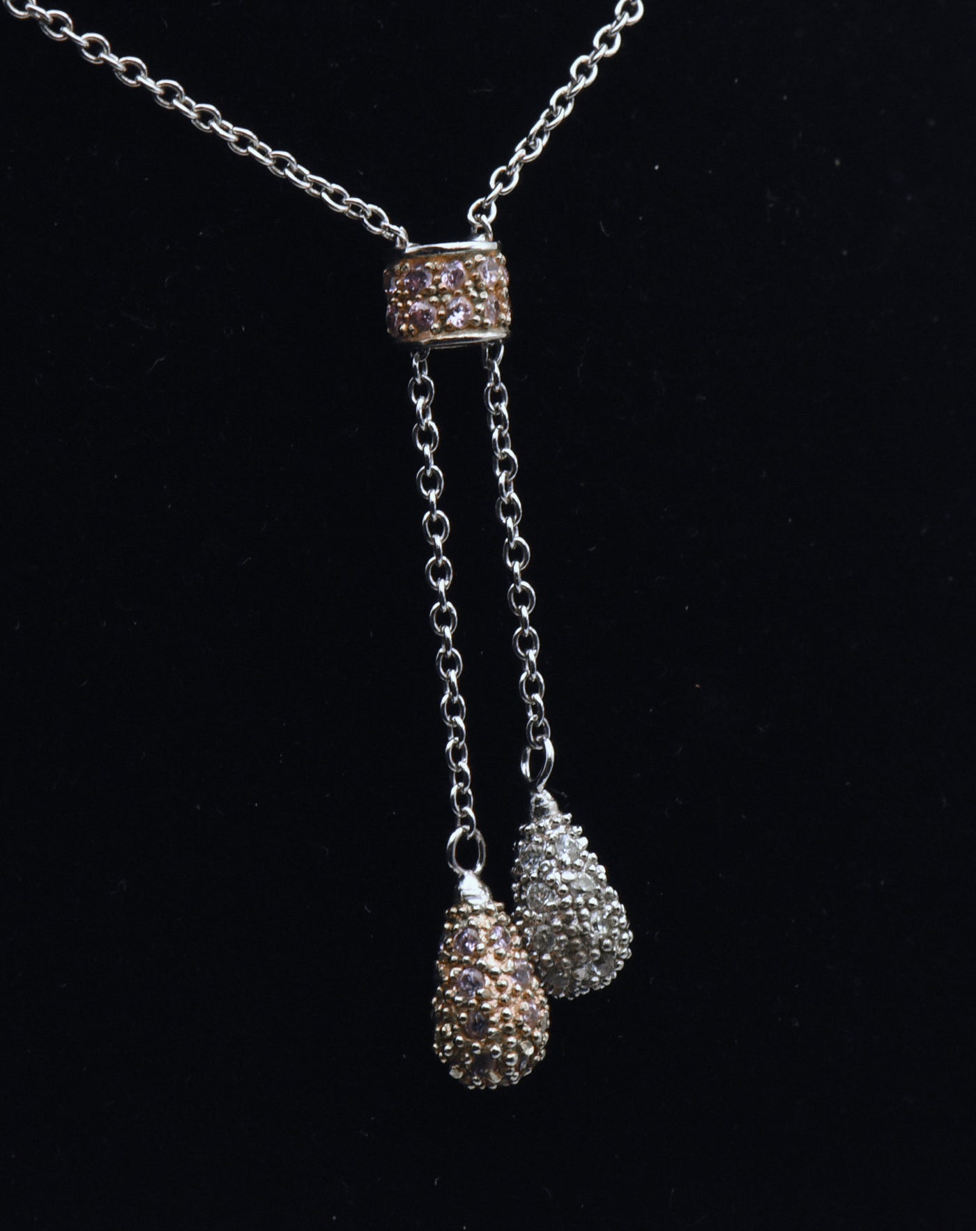 Vintage Sterling Silver Pink and Colorless Rhinestone Drop Pendant Necklace - 16.25"